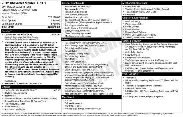 2012 Chevrolet Malibu LS 1LS