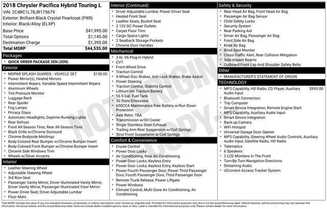 2018 Chrysler Pacifica Hybrid Touring L