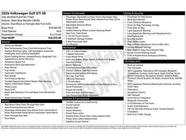 2026 Volkswagen Golf GTI 2.0T SE