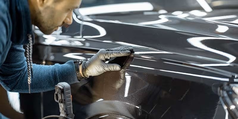 Man inspecting car body panel